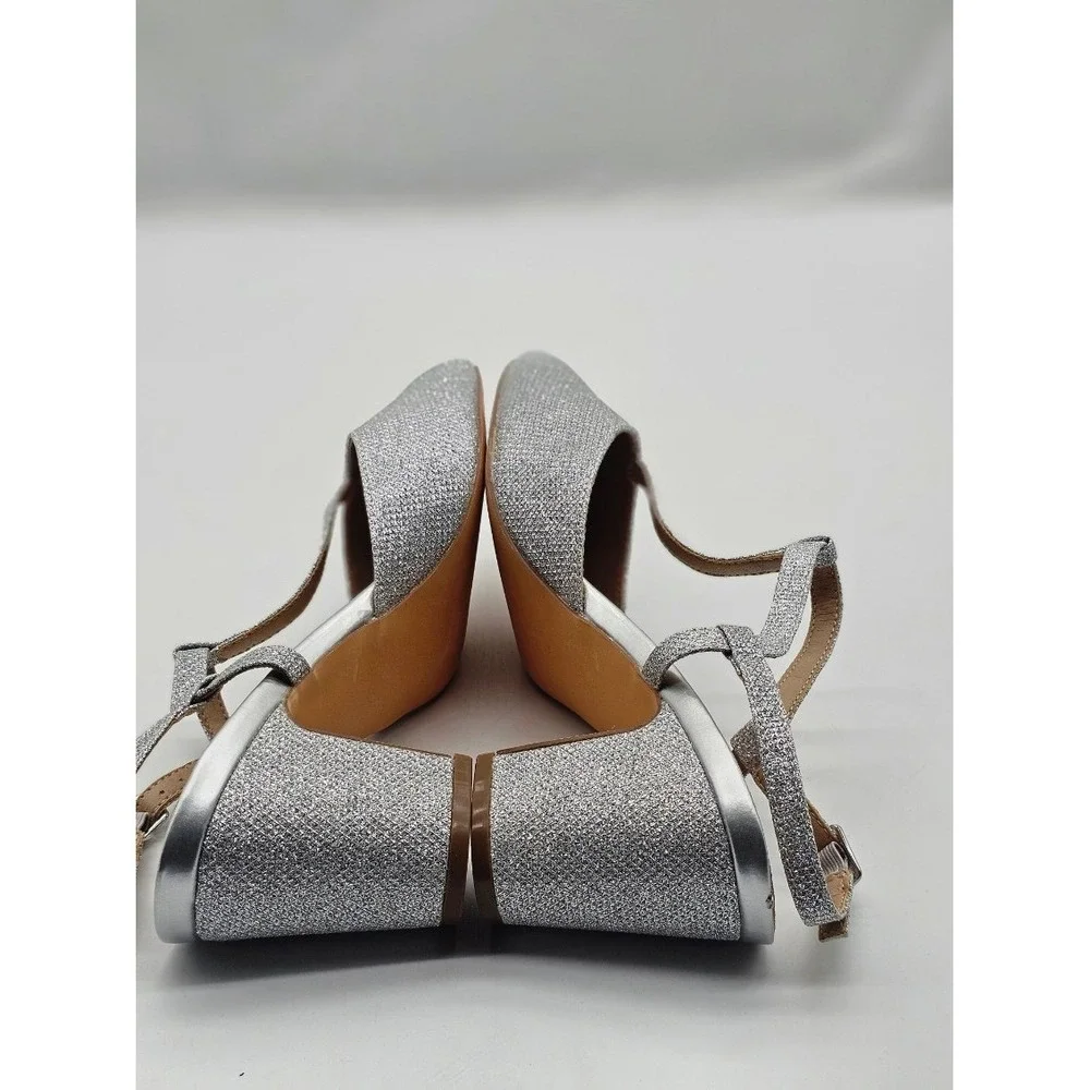 Women IDIFU Pumps Size 9 Silver Party Glitter Block Heel T-Strap HB 9